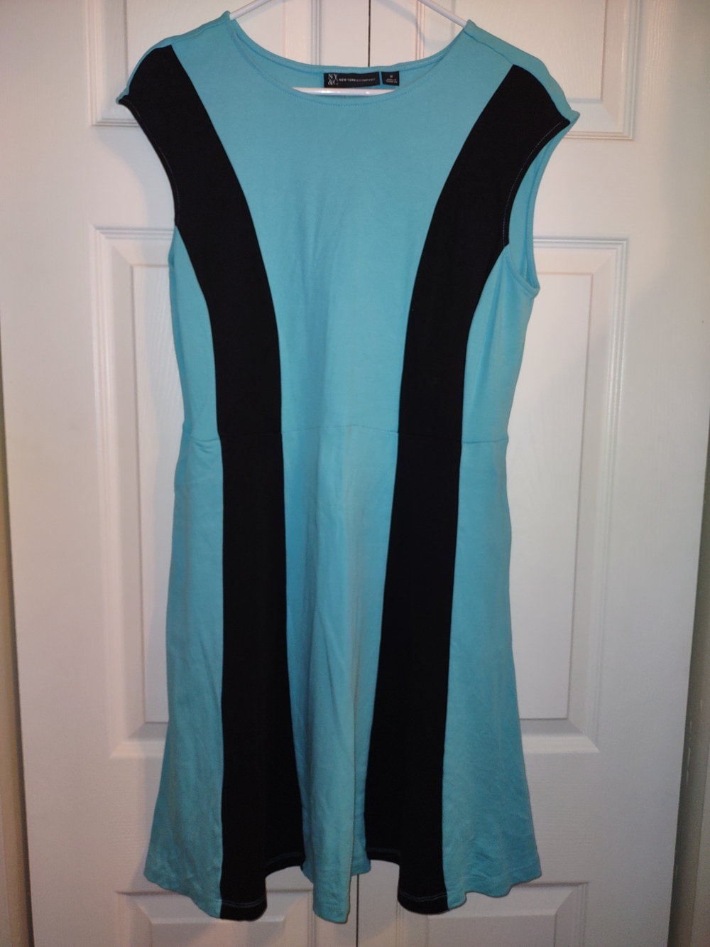 New York & Company Aqua and Black Sleeveless Fit-and-Flare Midi Dress